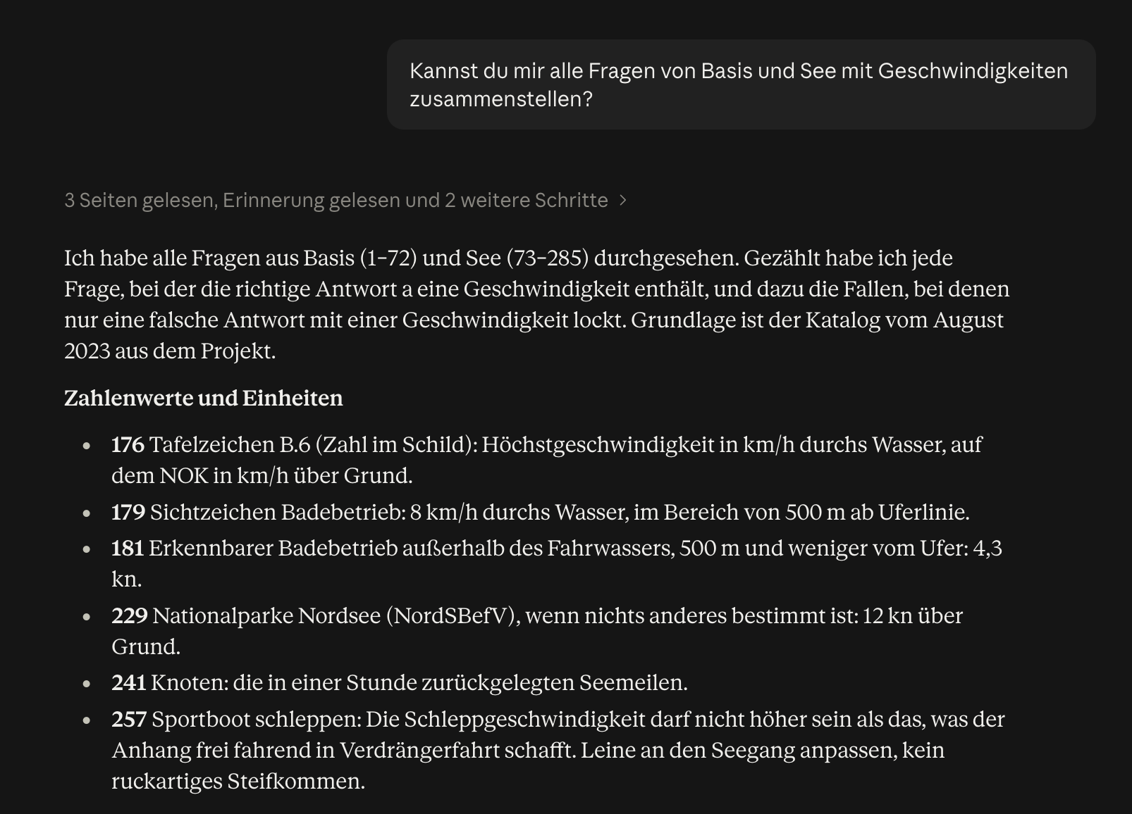 Chat mit Claude: Zusammenstellung aller Fragen aus dem SBF-Fragenkatalog mit Geschwindigkeitsangaben