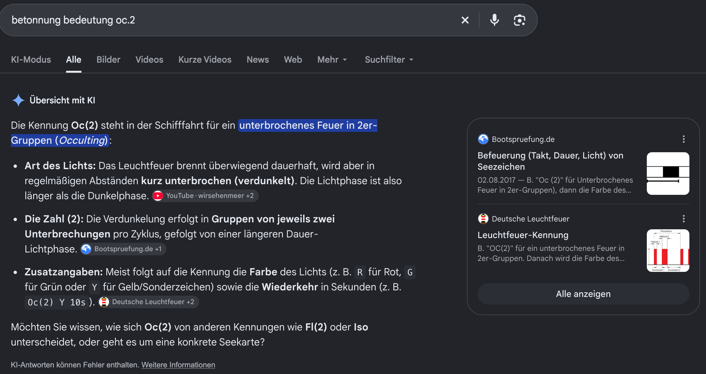 Google-Suche „betonnung bedeutung oc.2“ mit KI-Übersicht zur Leuchtfeuer-Kennung Oc(2), darunter Quellenangaben zu Bootspruefung.de und Deutsche Leuchtfeuer