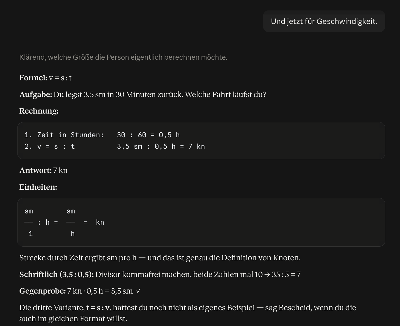 Schrittweise Rechnung einer Navigationsaufgabe mit Claude: Geschwindigkeit aus Strecke und Zeit berechnen