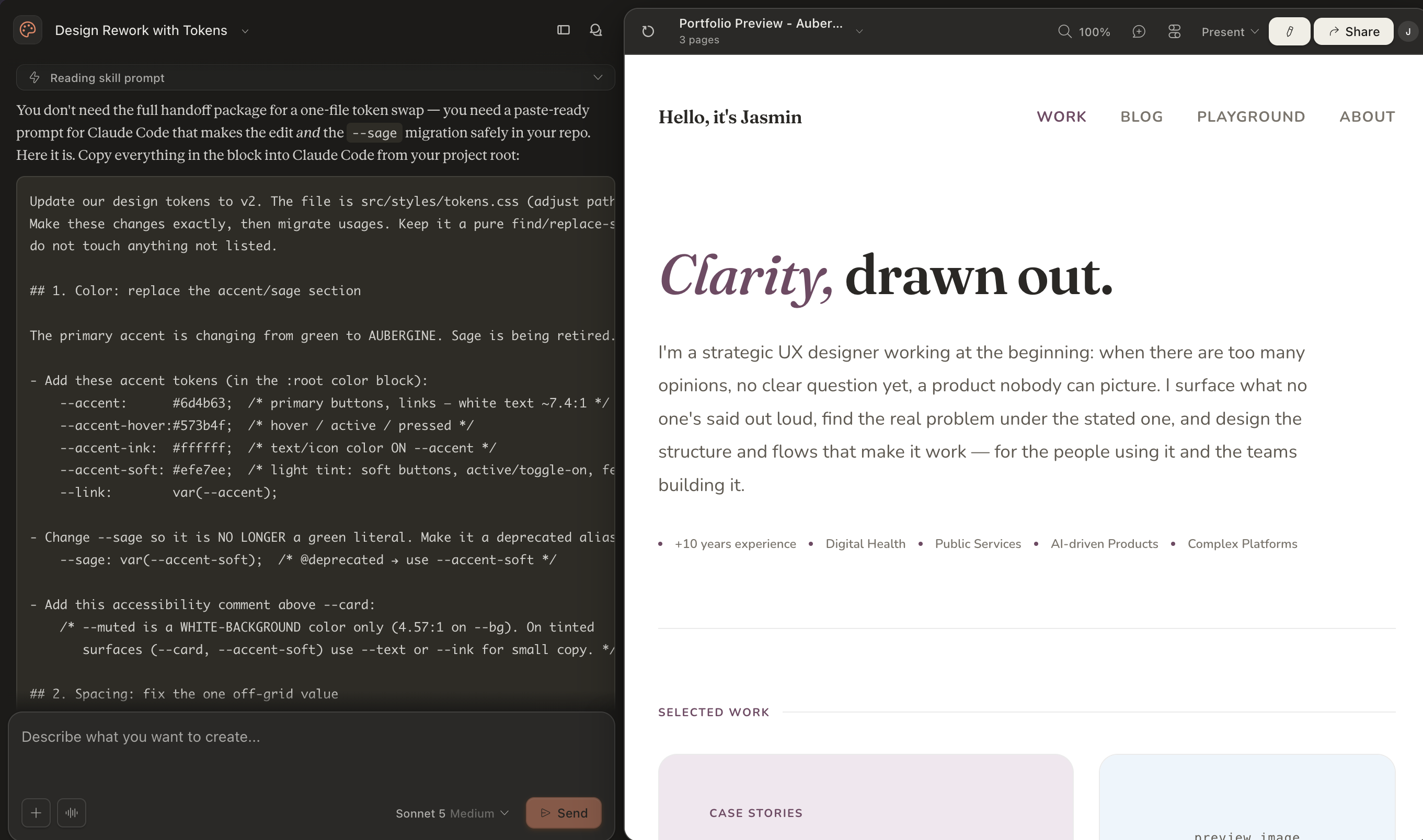 Claude Design formuliert den Übergabe-Prompt für Claude Code, daneben die Portfolio-Vorschau mit der neuen Primary Color Aubergine