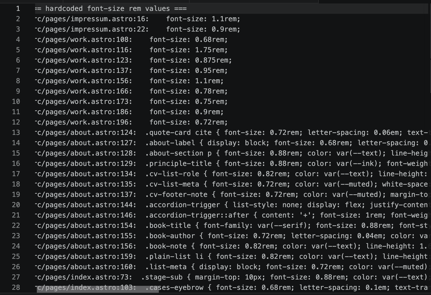 Grep-Ergebnis: hardcodierte font-size-Werte über mehrere Astro-Seiten verteilt, statt konsistent auf Tokens zu verweisen