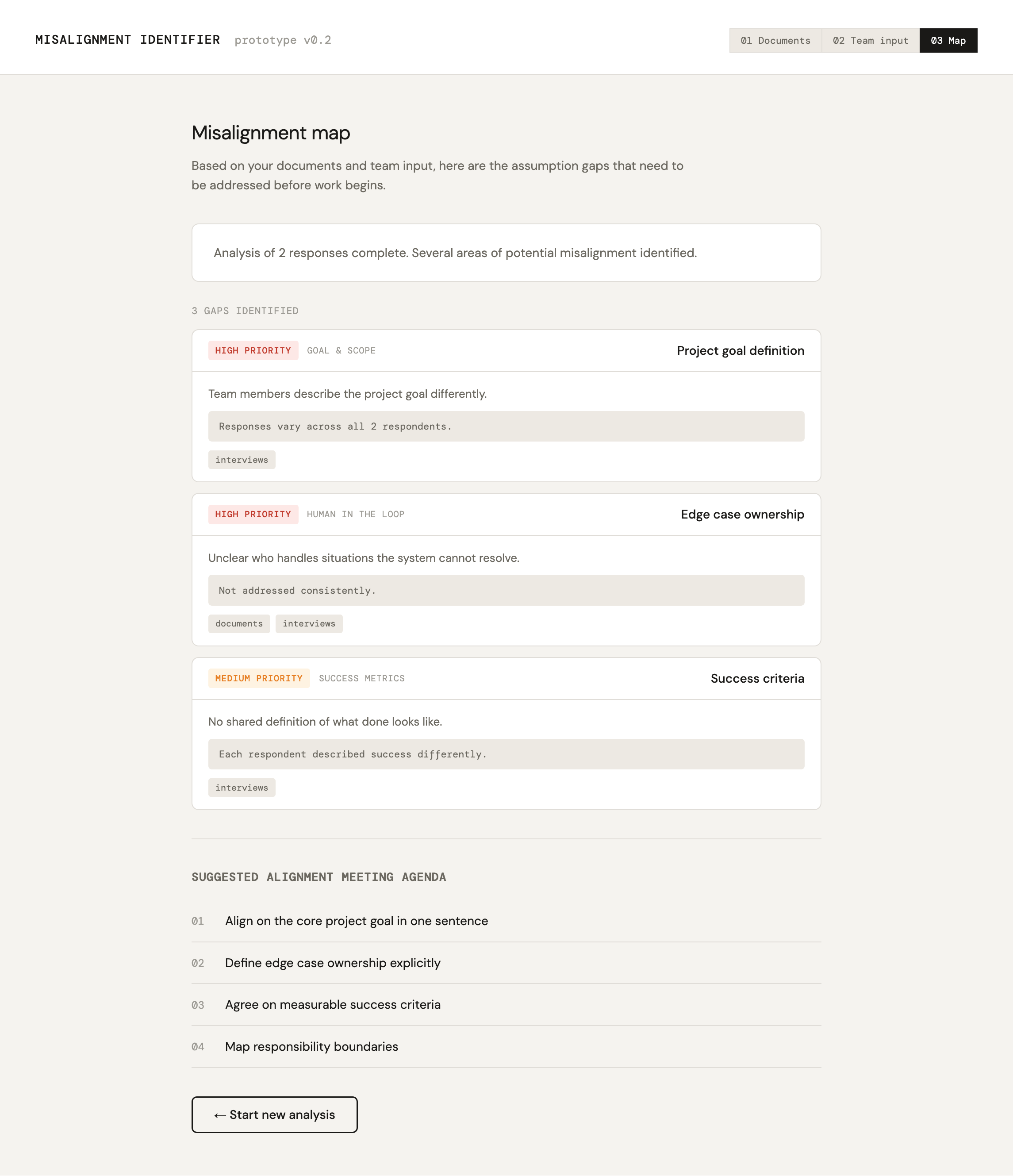 Misalignment Identifier prototype — document upload and interview flow